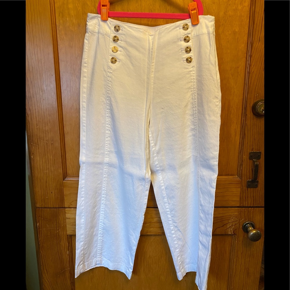 EUC J. Jill linen stretch -White full leg crop sailor pants